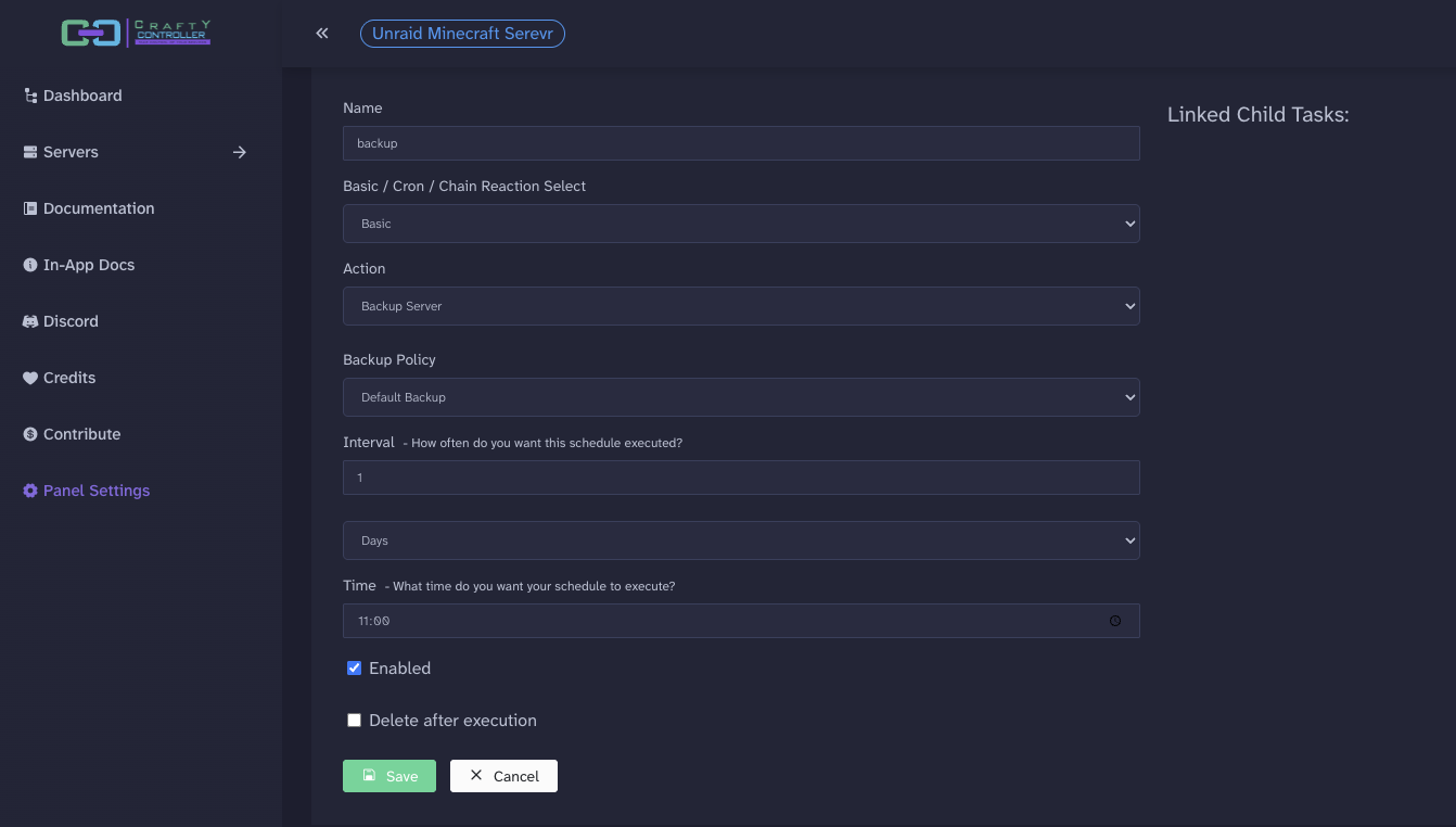 Daily backup settings with Enabled selected