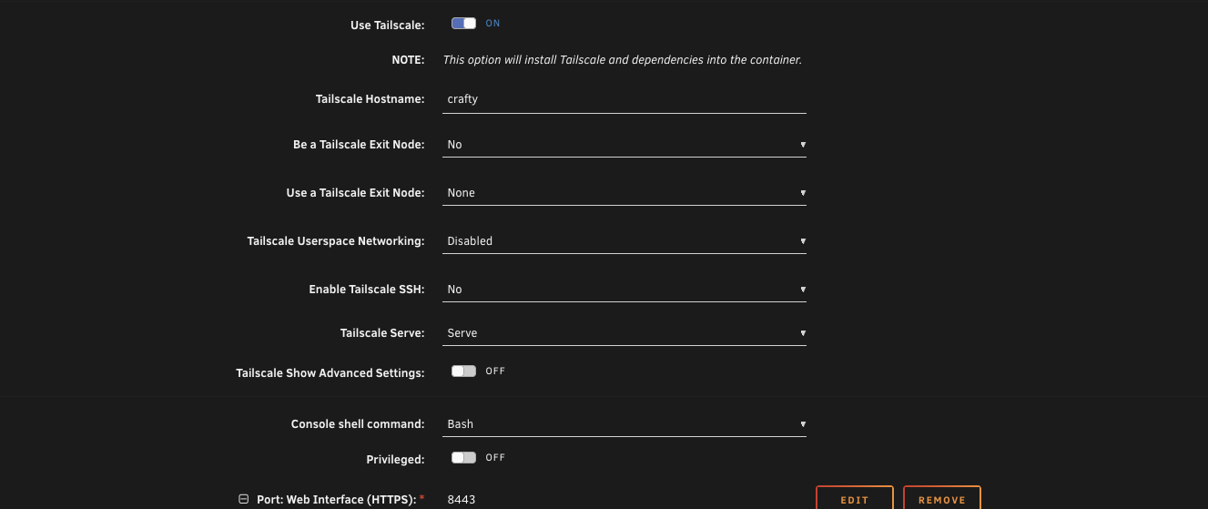 Use Tailscale enabled in the Crafty container settings